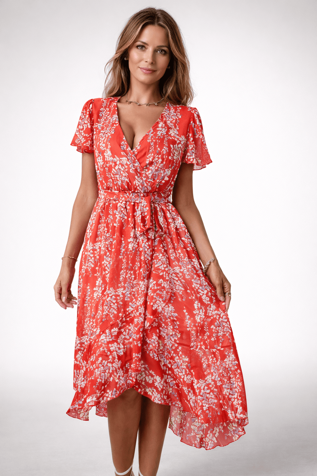 Midi-jurk met bloemenprint en overslag, lichtgewicht polyester