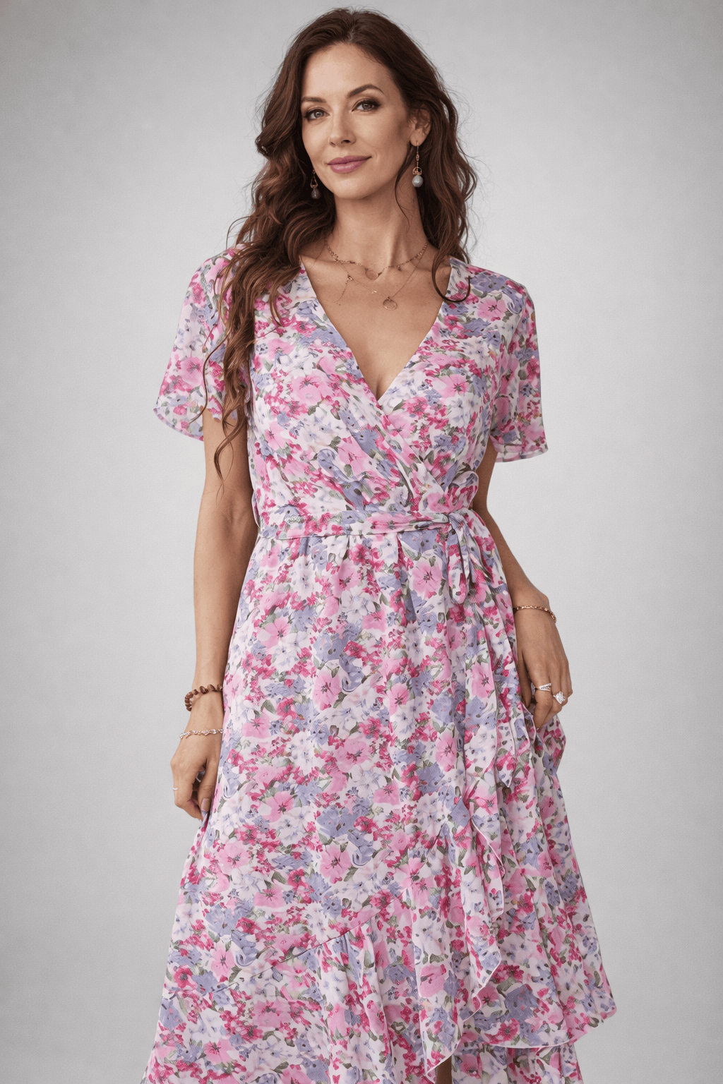 Midi-jurk met bloemenprint en overslag, lichtgewicht polyester