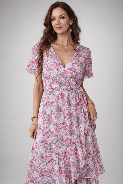 Midi-jurk met bloemenprint en overslag, lichtgewicht polyester