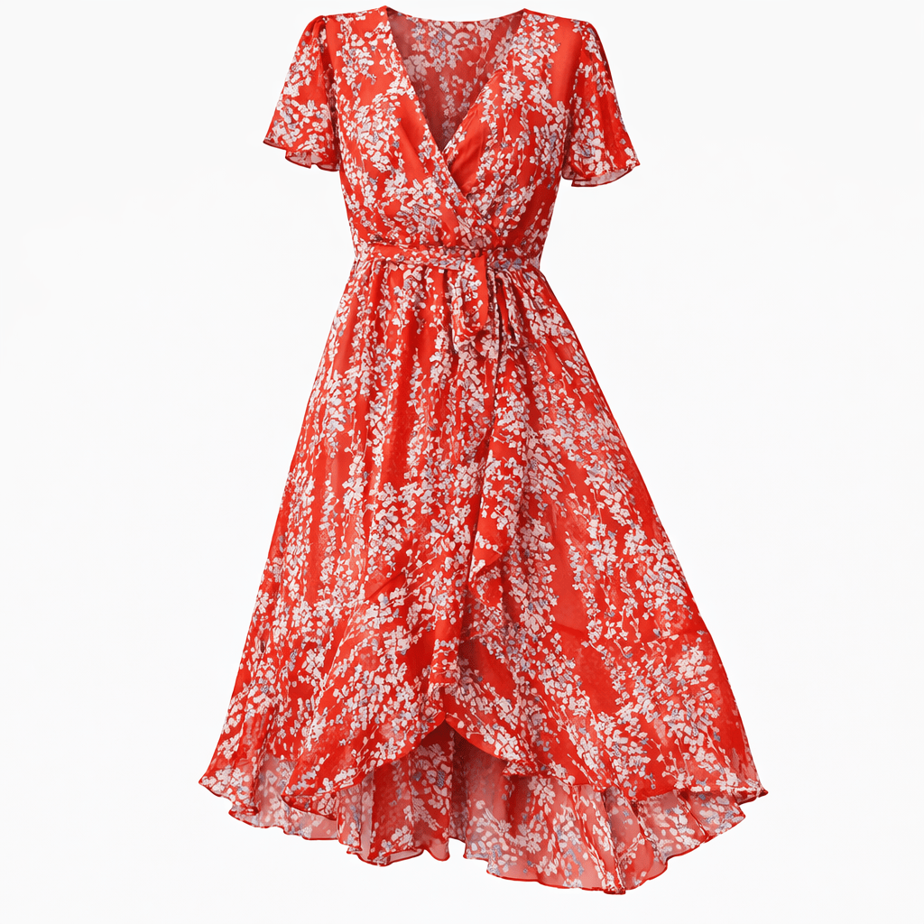 Midi-jurk met bloemenprint en overslag, lichtgewicht polyester
