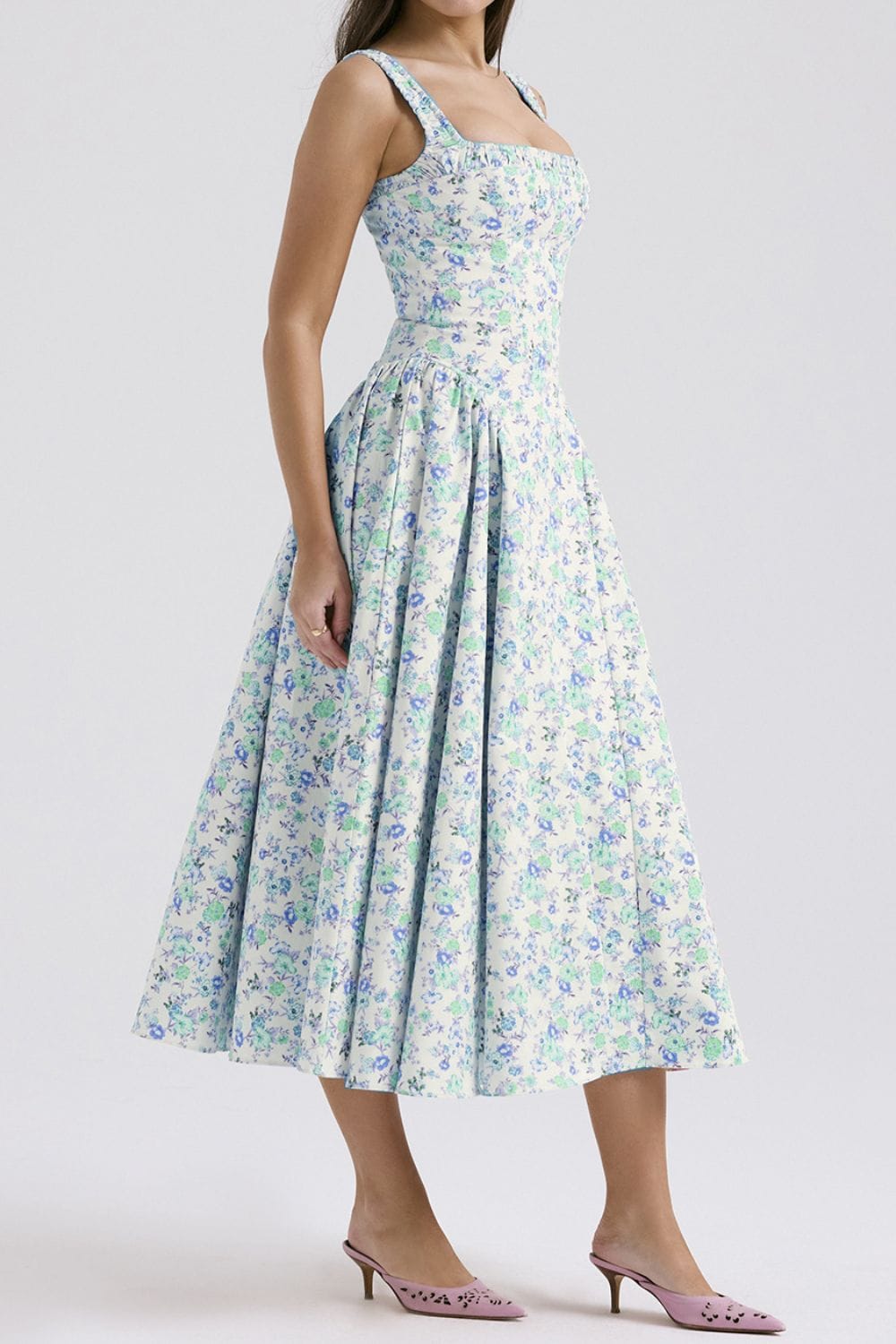 Midi-jurk met bloemenprint, geplooide vierkante halslijn, lichtblauw