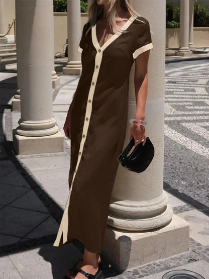 Midi-jurk met knopen en contrastbies