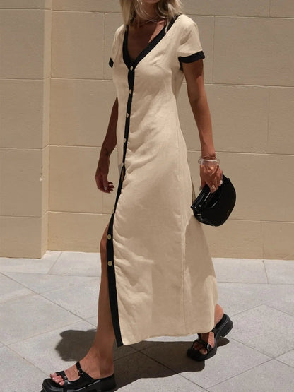 Midi-jurk met knopen en contrastbies