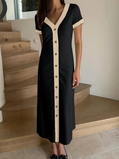 Midi-jurk met knopen en contrastbies
