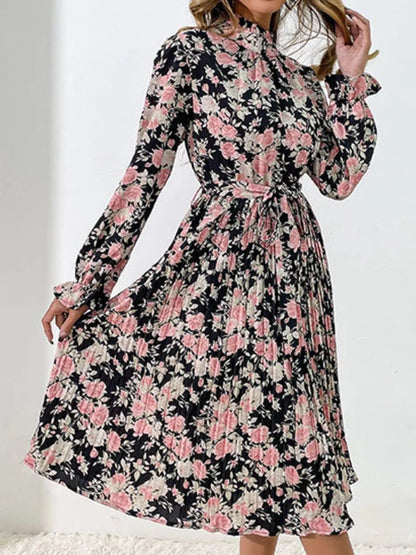 Midi-jurk van katoenmix met geplooide bloemenprint