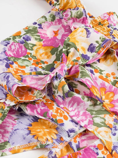 Polyester jurk met bloemenprint en gerimpelde zoom