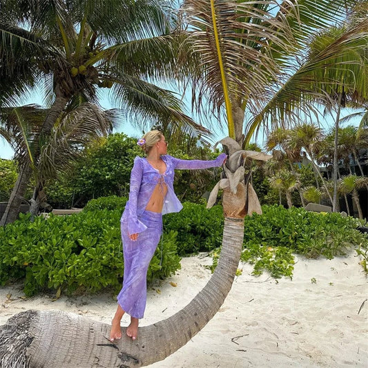 Print Y2K Mesh Long Sleeve Top Shirts Green and Maxi Skirt Bodycon Sexy Two Piece Sets Beach Outfits Women Club