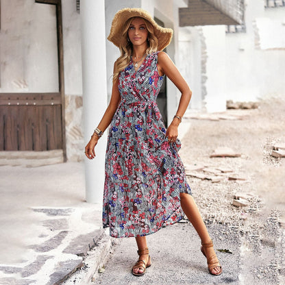 Rode Midi Feestelijke Boho Lente Jurk Met V-hals