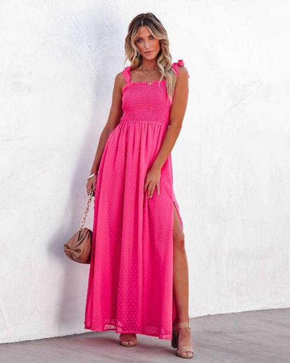 Roze Feestelijke Ibiza Stijl Maxi Jurk Met Strikjes