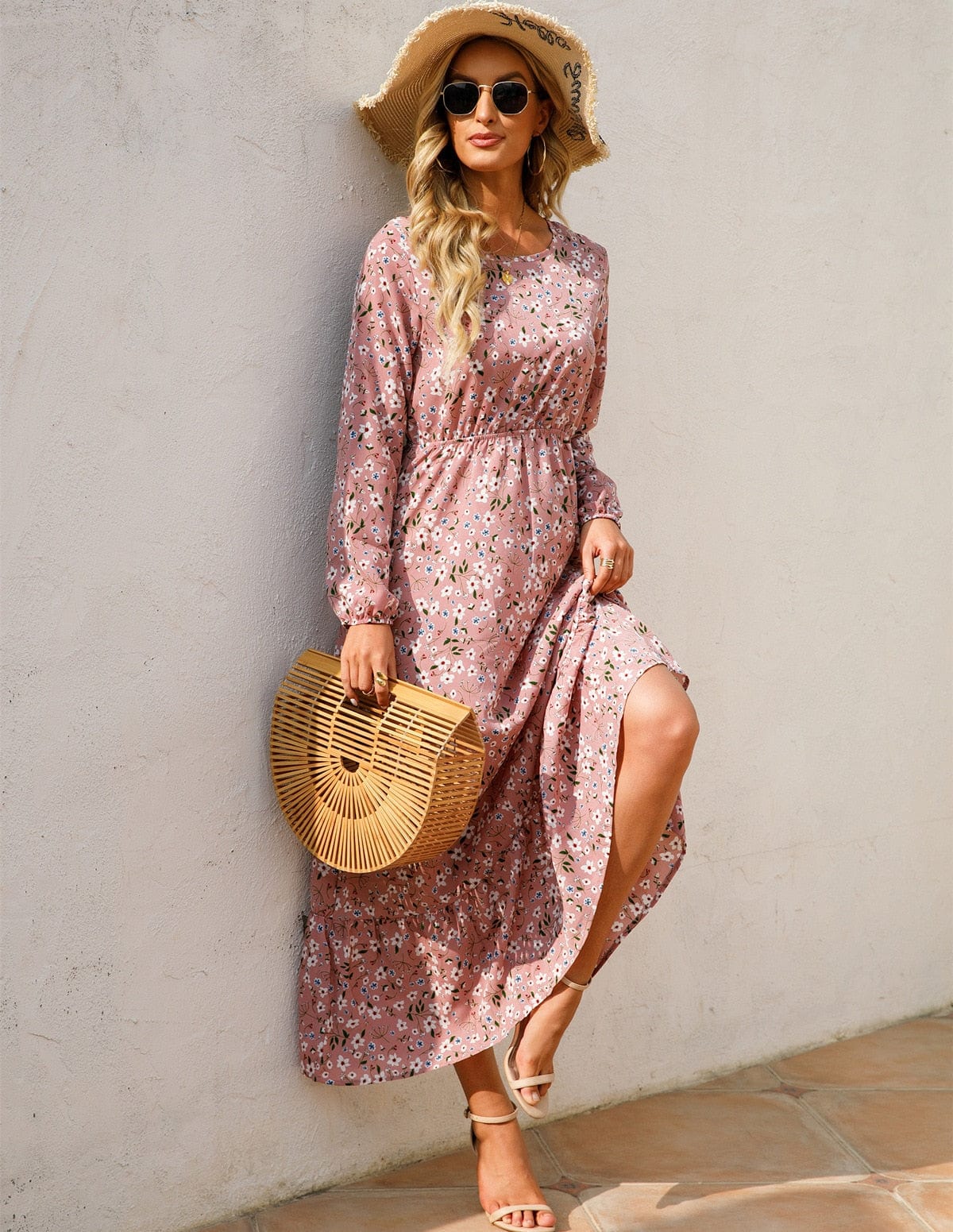 Roze Long Sleeve Maxi Jurk Met Bloemen Print
