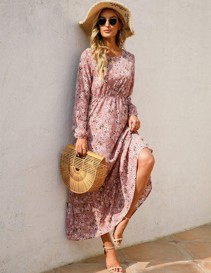 Roze Long Sleeve Maxi Jurk Met Bloemen Print