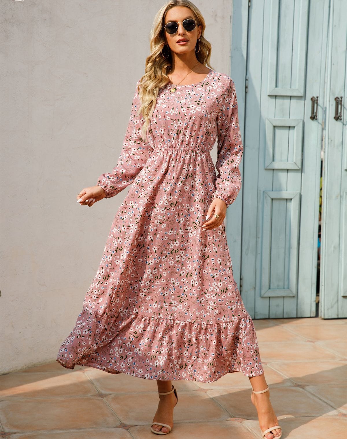 Roze Long Sleeve Maxi Jurk Met Bloemen Print