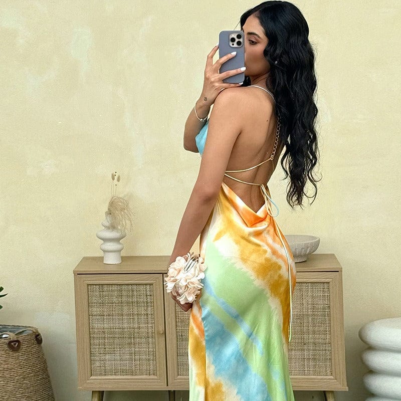 Satin Backless V-hals Slingjurk Kleurrijk