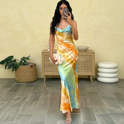 Satin Backless V-hals Slingjurk Kleurrijk