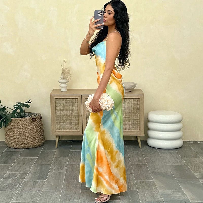 Satin Backless V-hals Slingjurk Kleurrijk