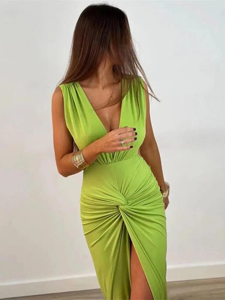 Sexy Deep V-neck Pleated Split Maxi Dress Women Elegant Sleeveless Backless Knot Bodycon Dresses Summer Lady Solid Street Robes