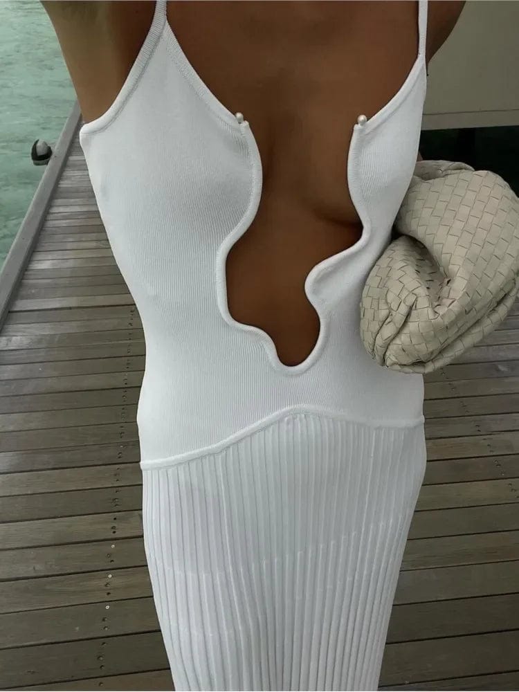 Sexy Solid Wave Hollow Out Women Sling Dress Fashion Sleeveless Pleated Bodycon Dresses 2024 Summer Female Beach Holiday Robes
