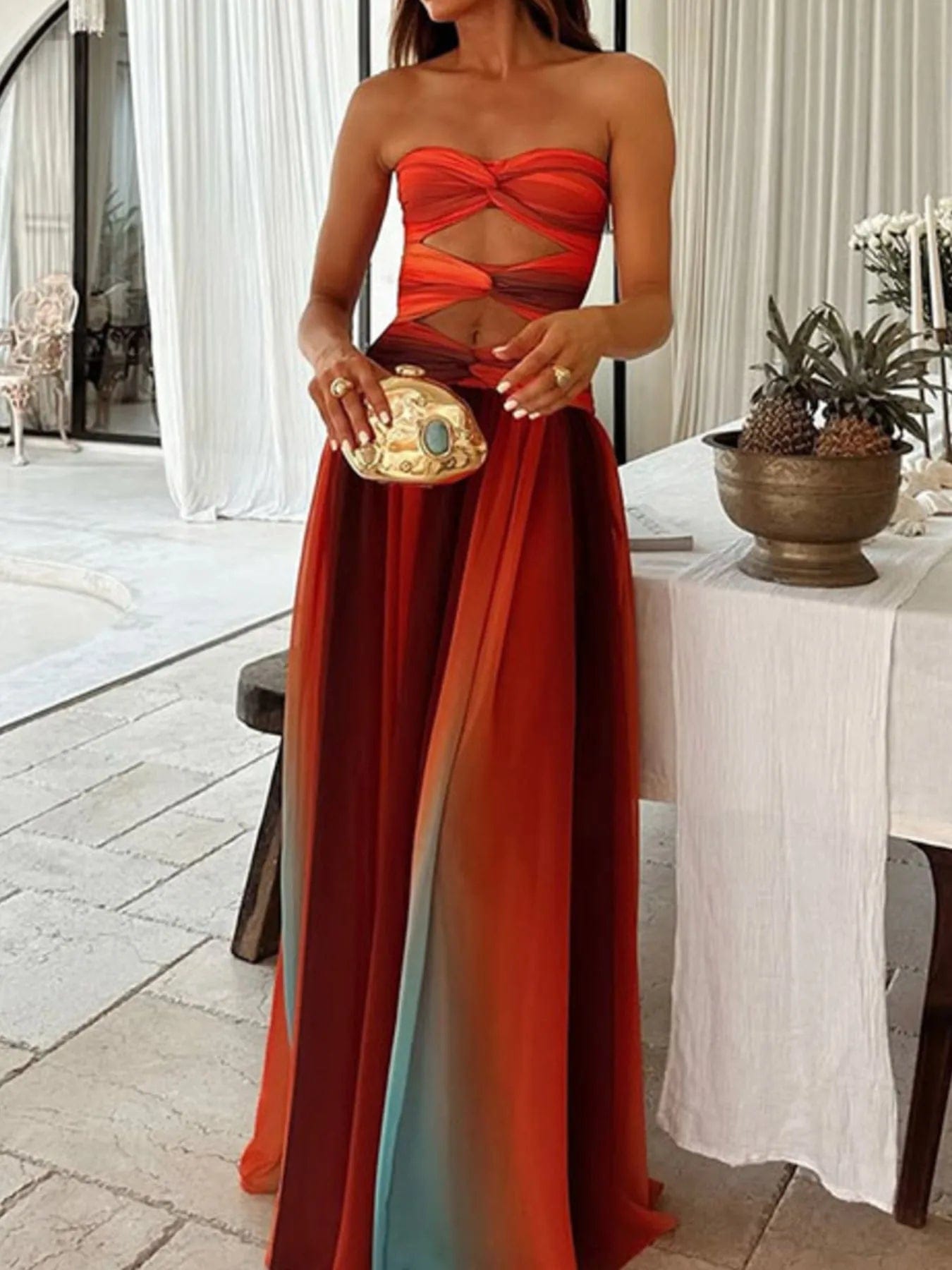 Strapless Maxi-jurk met gedraaide uitsnijding en regenboogverloop