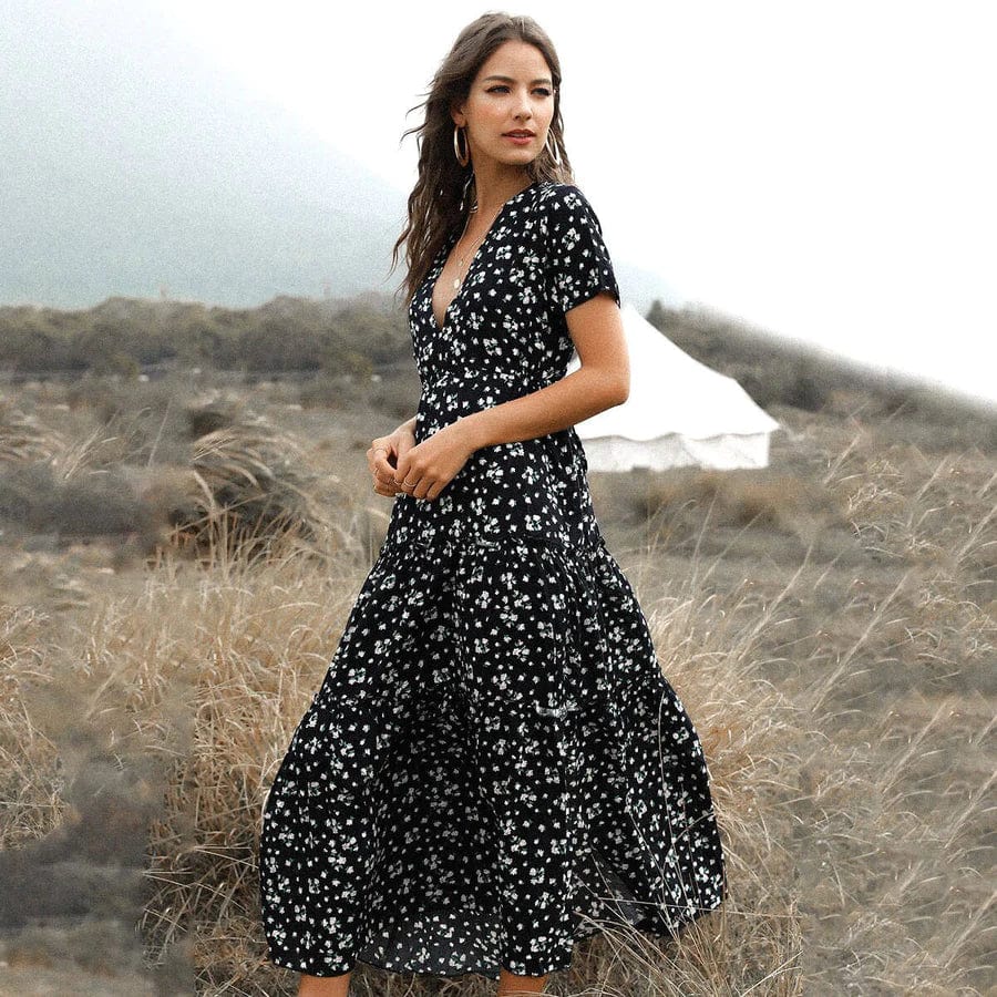 Vintage Zwarte Ibiza Jurk Met V-hals
