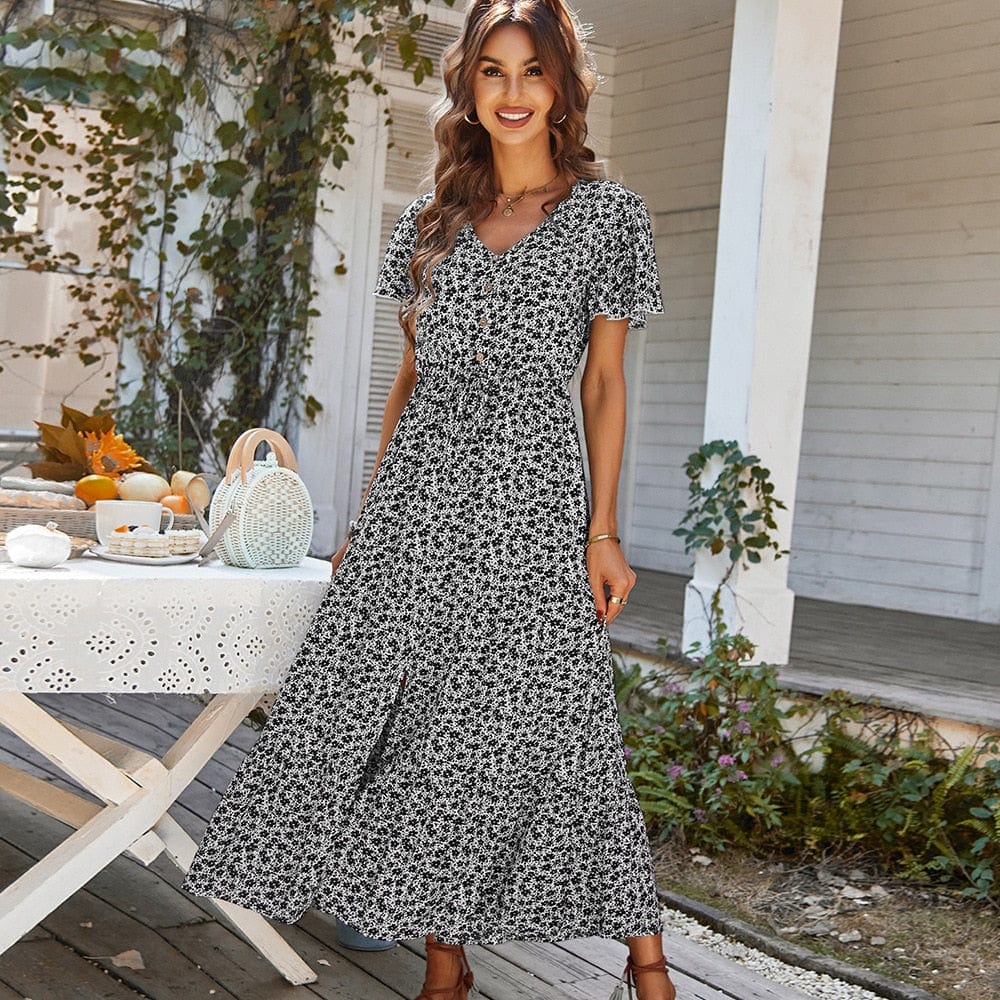 Witte Boho Jurk Met V-hals En Split Print