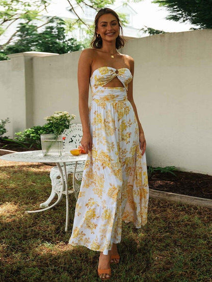 Witte Maxi Jurk Met Gele Bloemen Print Off-shoulder