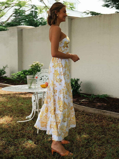 Witte Maxi Jurk Met Gele Bloemen Print Off-shoulder