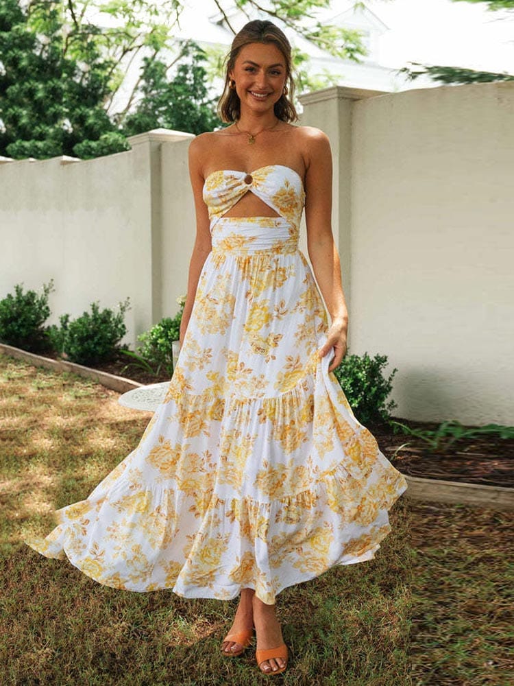 Witte Maxi Jurk Met Gele Bloemen Print Off-shoulder