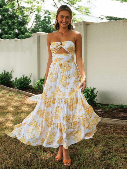 Witte Maxi Jurk Met Gele Bloemen Print Off-shoulder