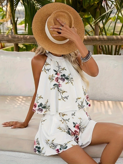 Witte zomerset met bloemenprint, ruches en halternek, tweedelig