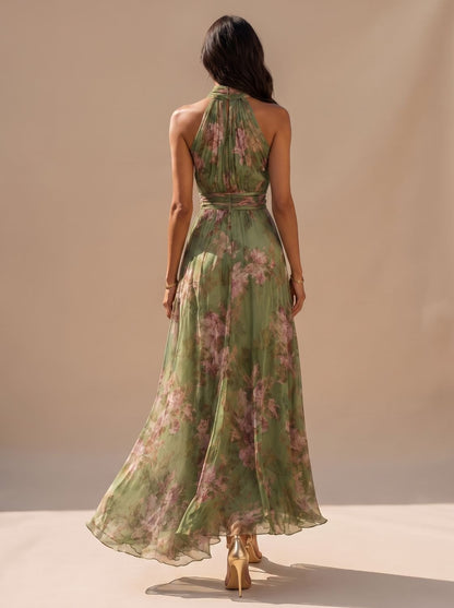 Luchtige maxi-jurk met halterhals en bohemian bloemenprint