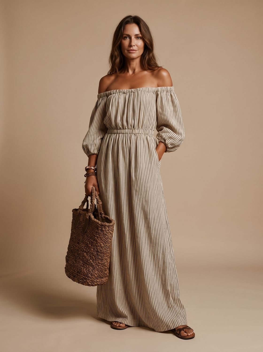 Dames Bohemian Gestreepte Off-Shoulder Maxi-Jurk