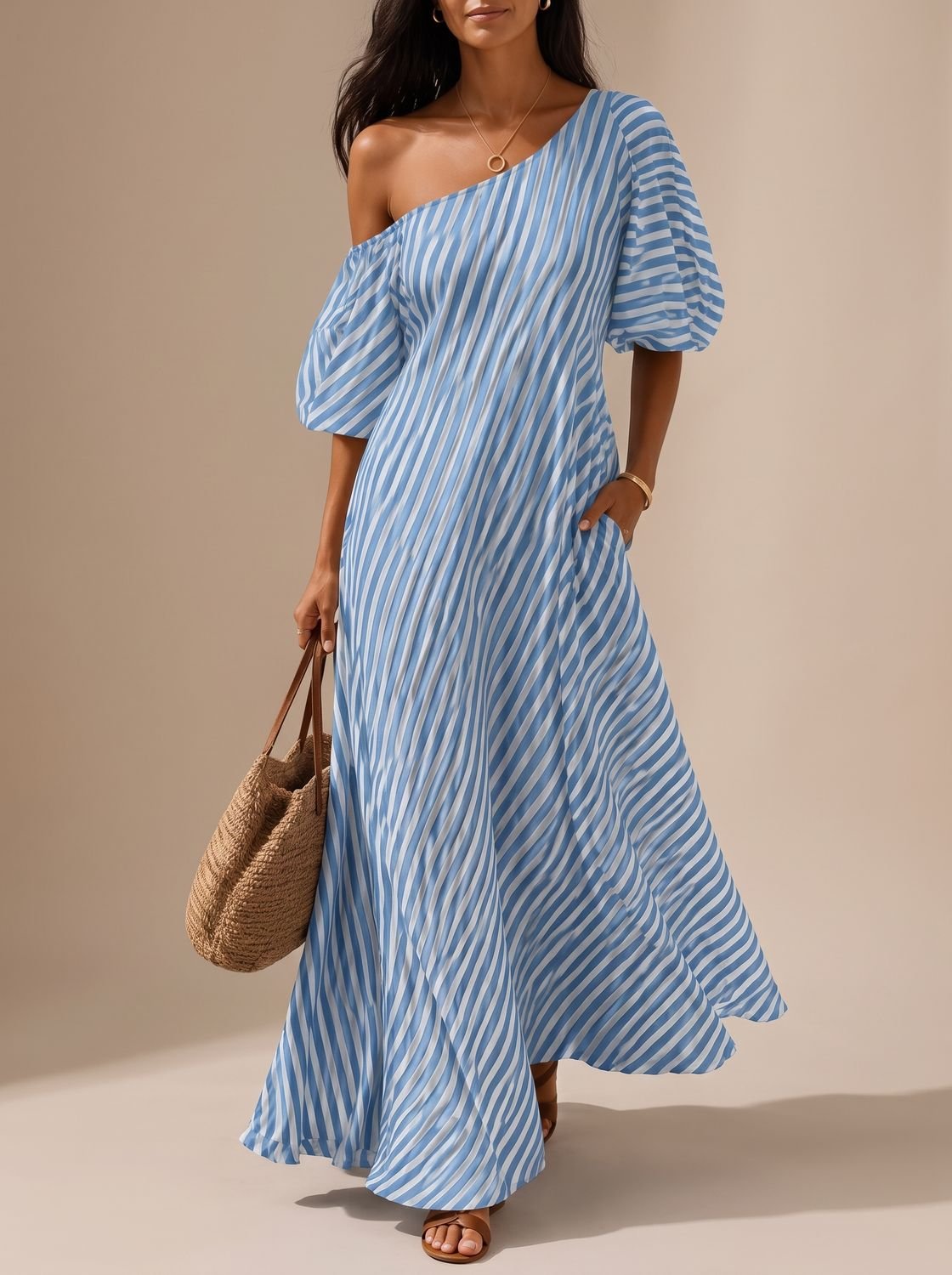 Dames Bohemian Gestreepte Maxi Jurk Met Eén Schouder