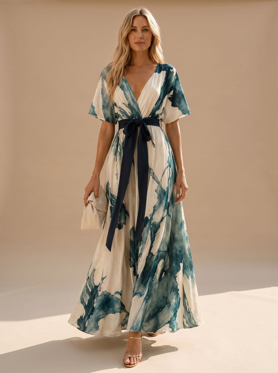 Dames Bohemian Maxi Jurk Met Waterverfprint En Strikceintuur