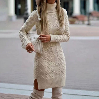 Dames Kabelgebreide Midi Jurk Met Col