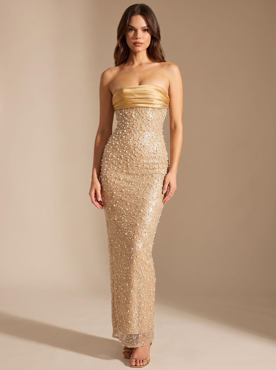 Dames Strapless Pailletten Maxi Jurk Goud