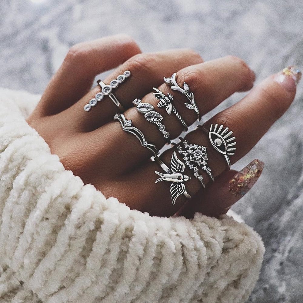 Zilveren Ringen Set Met Vogel En Oog