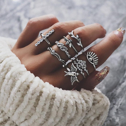 Zilveren Ringen Set Met Vogel En Oog