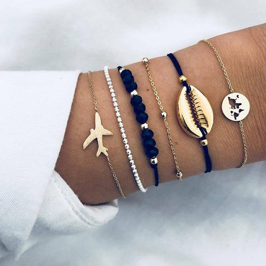 Zwarten Armbanden Set Met Vliegtuig Bedeltje
