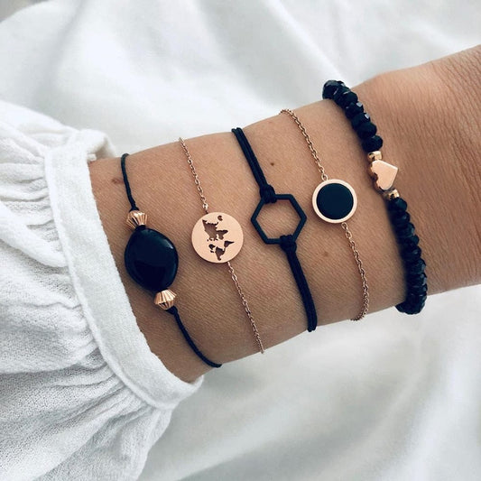Zwarten Armbanden Set Met Wereldbol Bedeltje